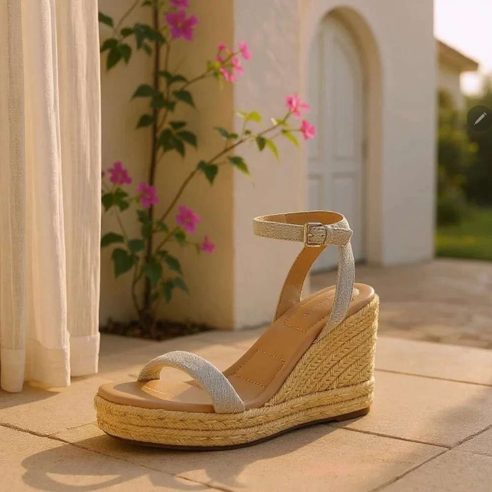 Women's Padded Light Blue Denim Wedge Espadrille Platform Sandals 8 M